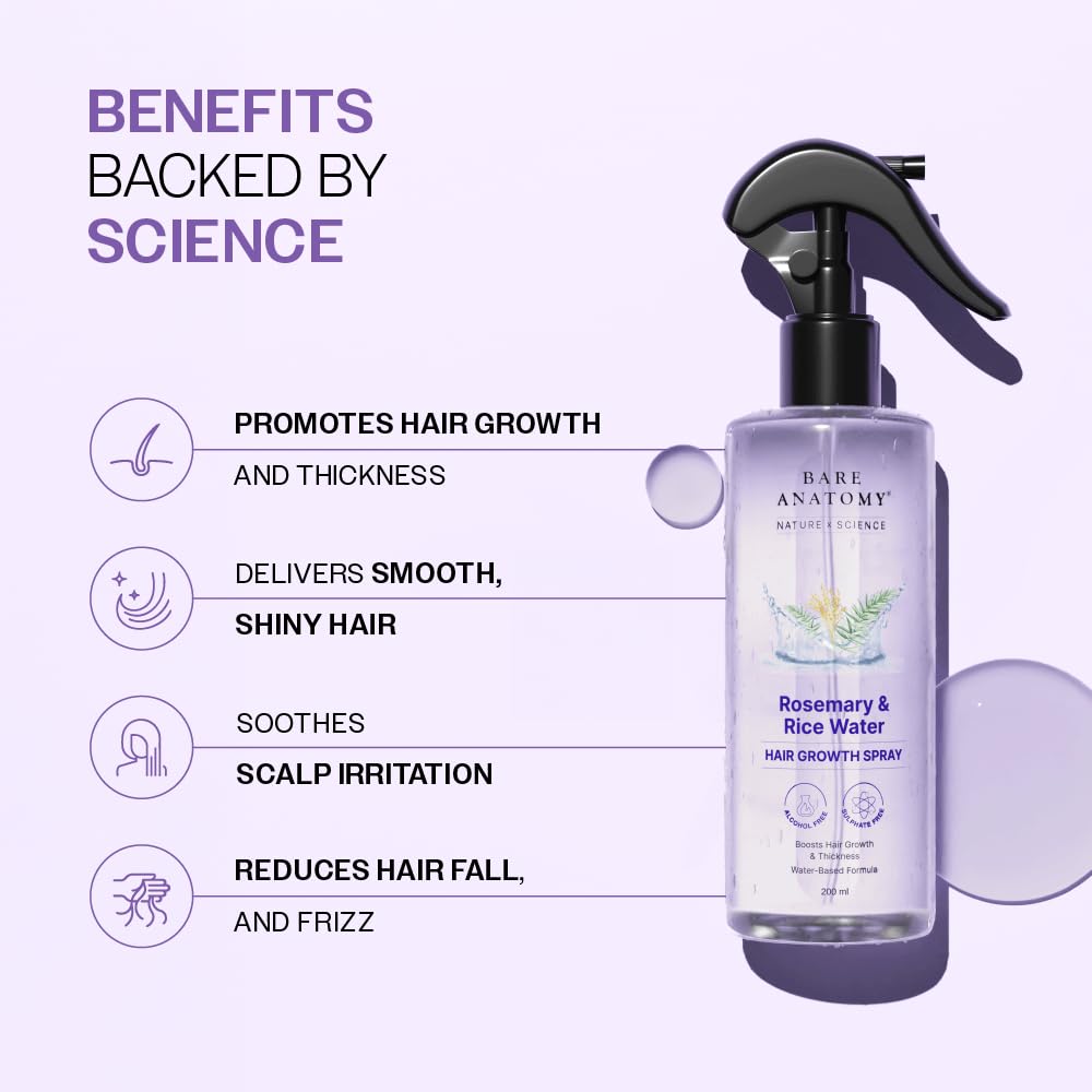 Nature x Science Rosemary Water Spray for Hair Growth &amp; Hair Thickness with Rice Water | 100% Natural Extract | Soft &amp; Smooth Hair | Controls Hairfall &amp; Adds Shine | Non-Greasy &amp; Fast Absorbing | 200 ml