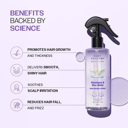 Nature x Science Rosemary Water Spray for Hair Growth &amp; Hair Thickness with Rice Water | 100% Natural Extract | Soft &amp; Smooth Hair | Controls Hairfall &amp; Adds Shine | Non-Greasy &amp; Fast Absorbing | 200 ml